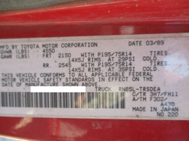 1989 TOYOTA TRUCK DLX STD CAB RED 2.4L AT 2WD Z16272